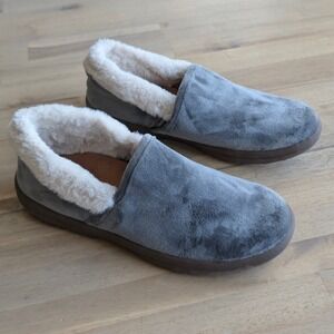VIONIC Grey Velvet Faux Fur Trim Orthotic Slip-On Slippers Women's Size 7.5